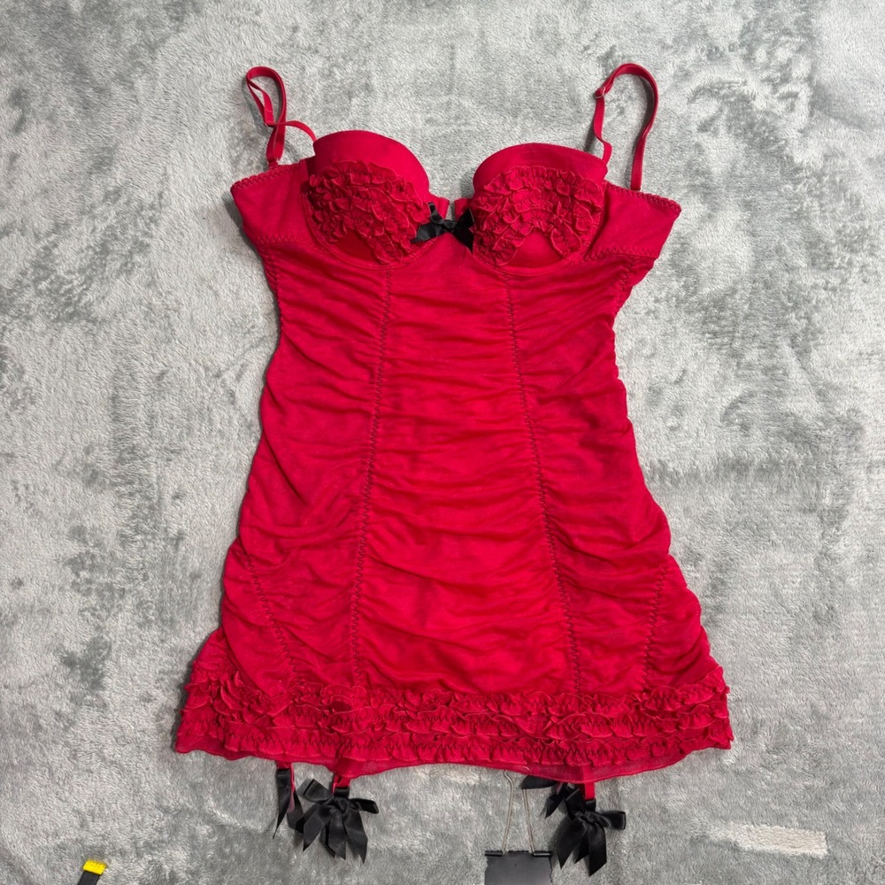 VTG Y2K Victoria's Secret Sexy Little Things Red Ruffle Garter Slip Dress 34B
